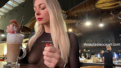 Anastasia Ocean - Public - Sexy blonde flashes her big natural tits in a crowded cafe